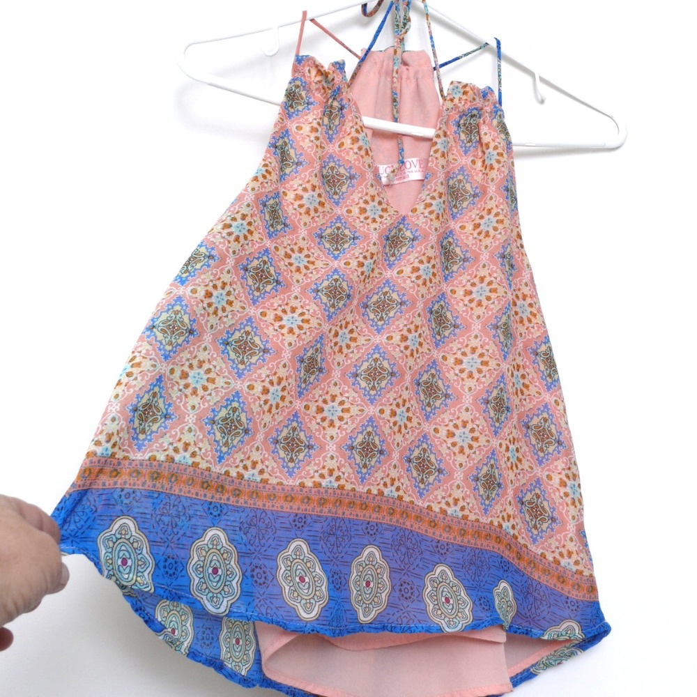 Hippie boho Moroccan orange & blue print chiffon strappy top